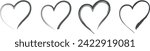Four black hearts drawn in outline on a white background. 4 hearts painted with a brush on a white background. Vector graphics. Illustration EPS 10