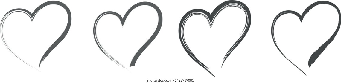 Four black hearts drawn in outline on a white background. 4 hearts painted with a brush on a white background. Vector graphics. Illustration EPS 10