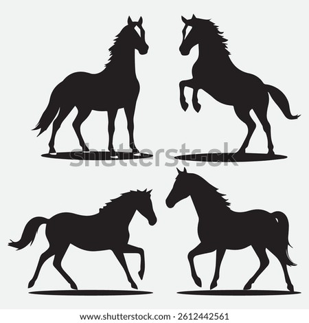 Four Black Horse Silhouettes: Dynamic Poses, Minimalist Vector Art, White Background