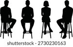 Four black human figures, men and women, seated on bar stools in various postures, ideal for architectural visualisations and planning.