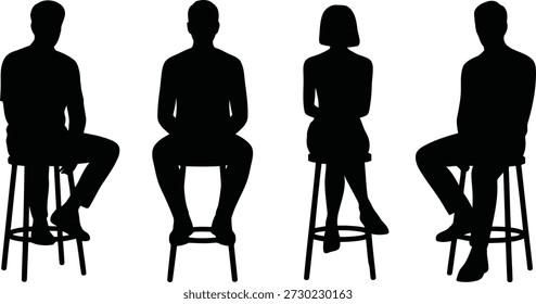 Cuatro figuras humanas negras, hombres y mujeres, sentados en taburetes de bar en varias posturas, ideales para visualizaciones arquitectónicas y planificación.