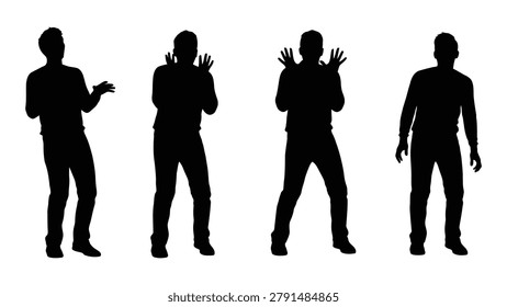 Four black human silhouettes are shown in different standing poses against a plain white background. The figures are full-body outlines.
