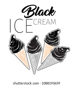 Four Black Ice Cream Grunge Textured Desserts with Beige and Grey Wafer Cone for Poster Design. Isolated Vector Illustration