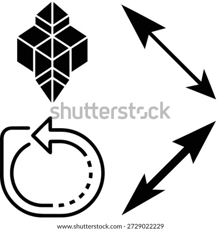 Four black icon designs featuring a 3D cube pattern, bidirectional arrows, and a circular arrow indicating rotation or refresh.