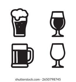 Quatro ícones pretos de copos de cerveja e canecas bebem bebida