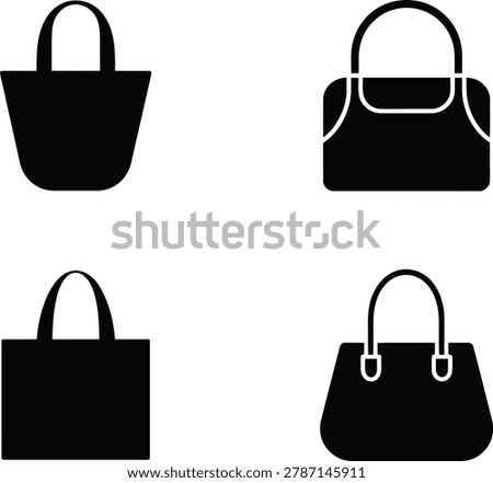 Four black icons of different handbag styles, including tote and shoulder bags, on transparent background.
