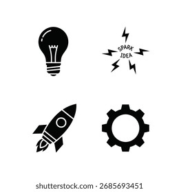 Quatro ícones pretos representando ideias, inovação e progresso. Inclui uma lâmpada, uma faísca com texto, um foguete e um equipamento.