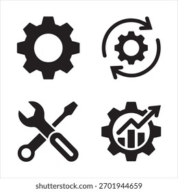 Cuatro iconos negros que representan la ingeniería mecánica, las herramientas y el crecimiento del negocio, sobre un fondo blanco.