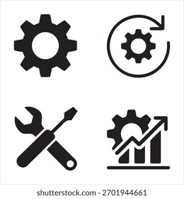 Four black icons representing mechanical engineering, tools, and business growth, set against a white background.