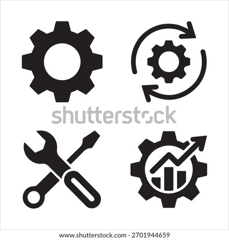 Four black icons representing mechanical engineering, tools, and business growth, set against a white background.