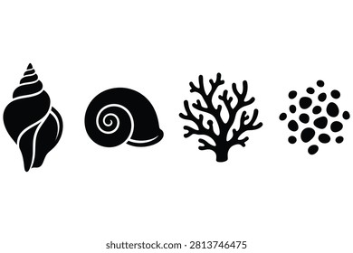 Four black icons show a seashell snail shell coral branch and sand grains