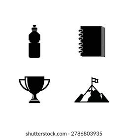 Four black icons trophy bottle notebook mountain Vector