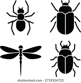 Cuatro siluetas de insectos negros, incluidos escarabajos y una libélula, dispuestas sobre un fondo blanco puro para un fácil uso en los diseños
