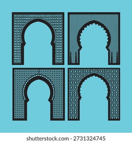 Quatro arcos islâmicos pretos com padrões geométricos intrincados em um fundo turquesa
