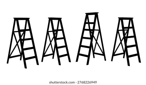 Four black ladders stand in a row depicted as a bold silhouette