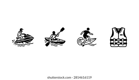 Four black line icons depict recreational water activities and safety equipment. The set includes motorized and paddle watercraft plus protective gear.