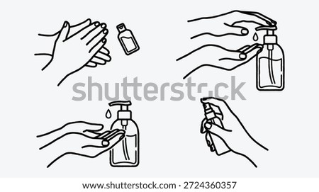 Four black line icons of different hand sanitizer actions