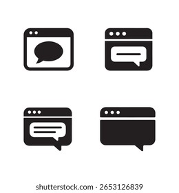 Vier schwarze Nachrichtenfenstersymbole mit Sprechblasen und verschiedenen Textlayouts auf weißem Hintergrund für die Website- oder App-Integration.
