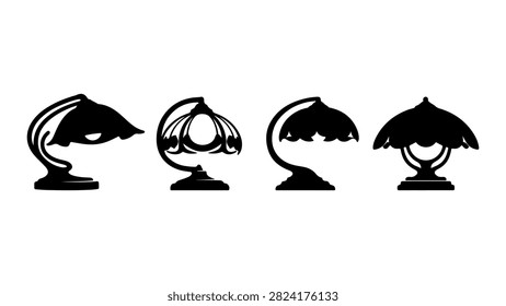 Four black microphone silhouettes representing vintage audio equipment for music, broadcasting, and entertainment themes.