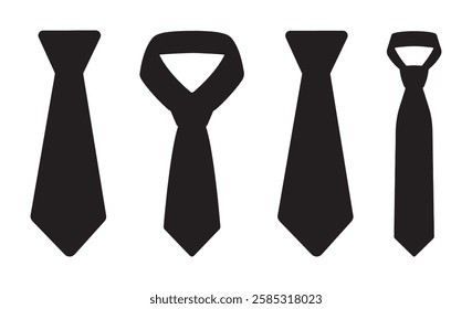  Four Black Necktie Silhouettes, Illustrating Different Tie Knot Styles and Shapes, Isolated on a White Background for Formal Wear Design and Fashion Concepts