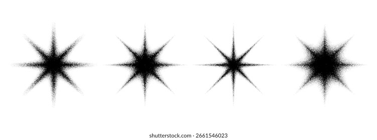 Four black noise grain vector stars on a white background. Abstract graphic design element set for web and print project.