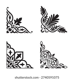 Four Black Ornate Corner Designs: Geometric, Floral, and Swirl Styles