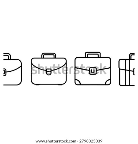 Four black outline vector icons of professional business briefcases arranged in a horizontal row on a clean white background surface