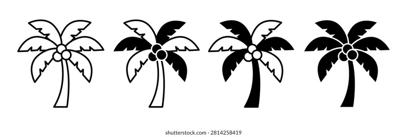 Four black palm tree silhouette icons for summer design and tropical projects