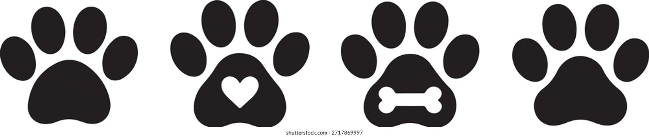 Se muestran cuatro huellas de patas negras, cada una con un elemento de diseño diferente en el interior.