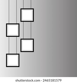 Four black photo frames, hanging on cords, against wall, mockup, sheets for a notes. frame mockup design