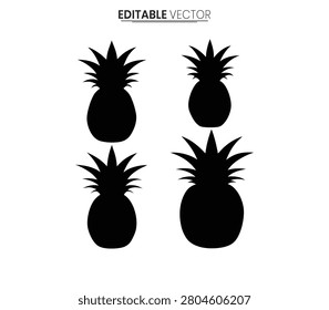 Four black pineapple silhouettes are displayed on a white background presented as a vector illustration with a flat design.