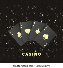 Four black poker cards with gold label. Quads or four of a kind by ace. Casino banner or poster in royal style. Vector illustration