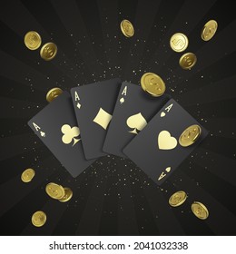 Cuatro cartas negras de póquer con etiqueta de oro y una moneda de oro en el fondo. Quads o cuatro de un tipo por as. Cartel o afiche del casino al estilo real. Ilustración del vector