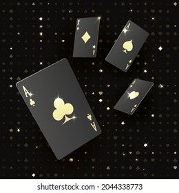 Four black poker cards with gold suit. Quads or four of a kind by ace. Casino banner or poster in royal style. Vector illustration