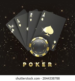 Four black poker cards with gold suit and casino chip. Quads or four of a kind by ace and gambling chip. Casino banner or poster in royal style. Vector illustration