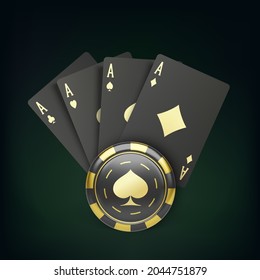 Four black poker cards with gold suit and casino chip. Quads and gambling chip. Casino banner or poster in royal style. Vector illustration