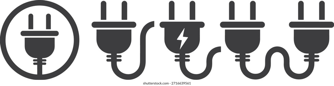 Vier schwarze Netzstecker mit einem eingekreisten und einem Blitzsymbol