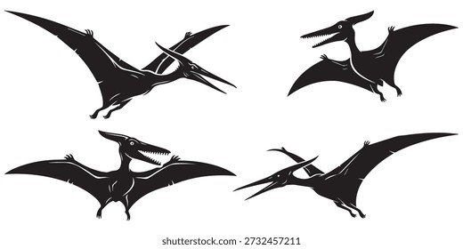 Quatro silhuetas pretas de pterodátilo em várias poses voadoras eps 10