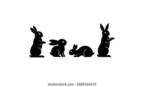 Cuatro siluetas de conejo negro en diferentes poses de conejo
