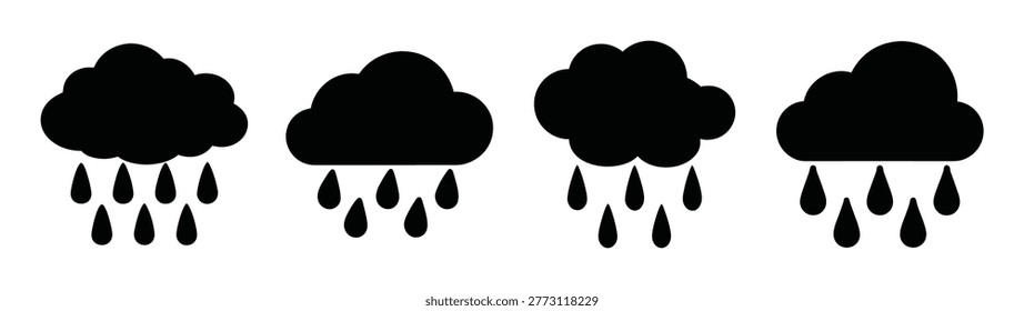 Four black rain clouds with raindrops for weather forecast