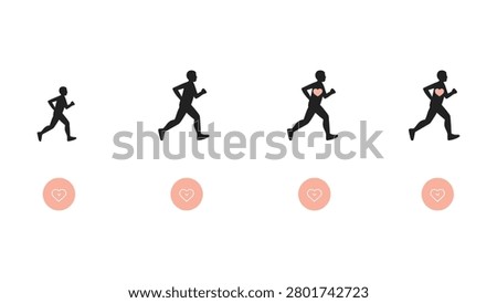 Four black running human silhouettes displaying progressive movement and heart symbols accompanied by pink like icons