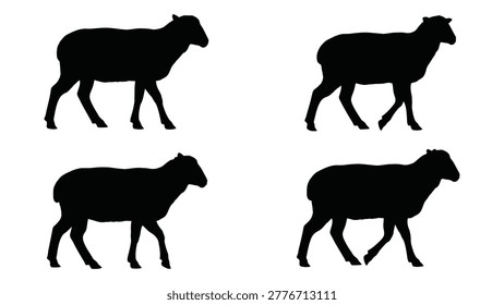 Four black sheep silhouettes are shown against a white background. These animal shapes are isolated and presented as graphic illustrations.