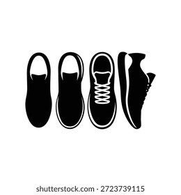 Four black shoes in different orientations on white background