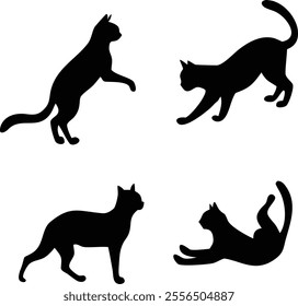 Four Black Silhouette Cats in Varying Poses, Grid Layout