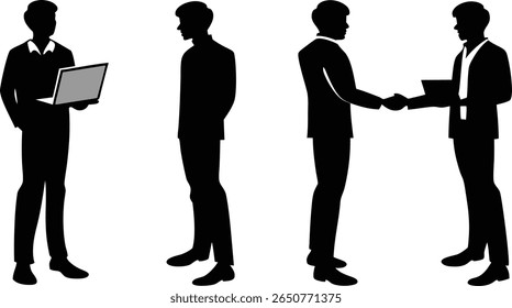 Four black silhouette figures of businessmen are depicted against a white background. They are shown in various poses, including holding a laptop and shaking hands.