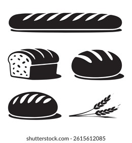 Four black silhouette icons representing various types of bread (baguette, loaf, round) and a wheat sprig.