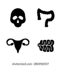 Four black silhouette icons representing human anatomy including skull, large and small intestines, and uterus on a white background.