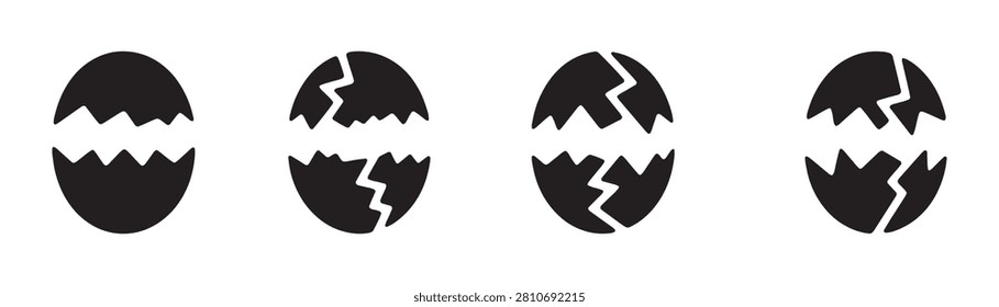 Four black silhouette icons showing a whole egg cracking into two halves, symbolizing breakage or new beginnings.