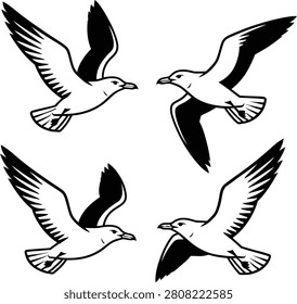 Four black silhouette illustrations of seagulls flying in different poses for art.