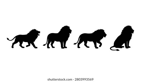 Four Black Silhouette Lions In Various Poses Against A White Background A Dramatic Silhouette lion feline felidae big